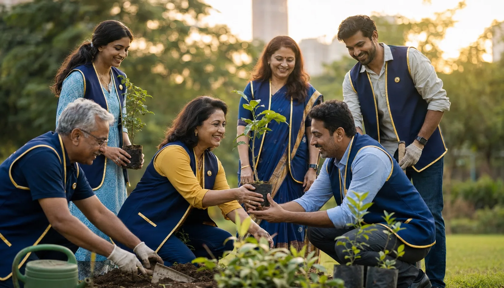 Volunteers in Lions vests planting saplings together at a community drive