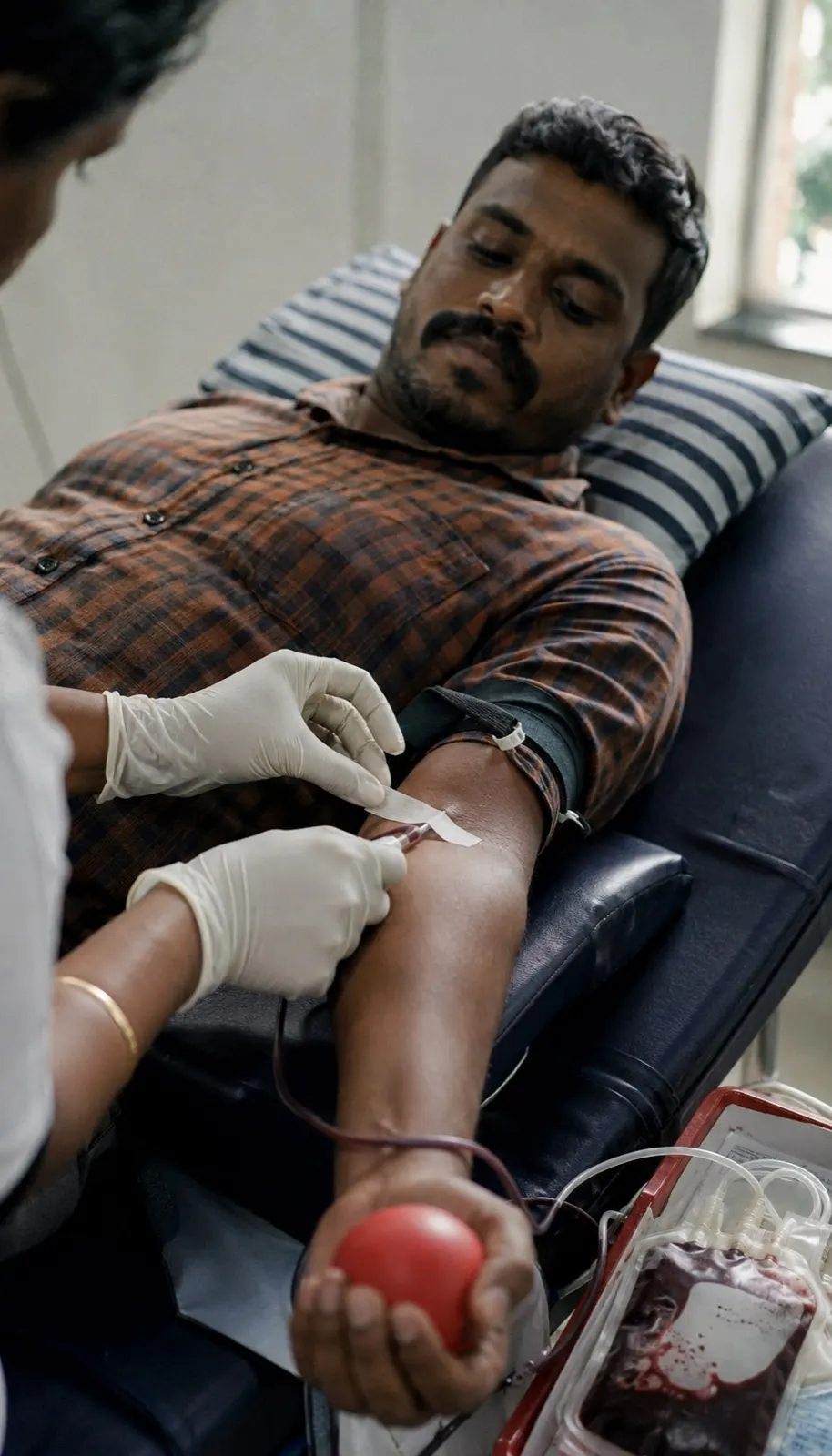 A gloved health worker drawing blood from a donor holding a stress ball