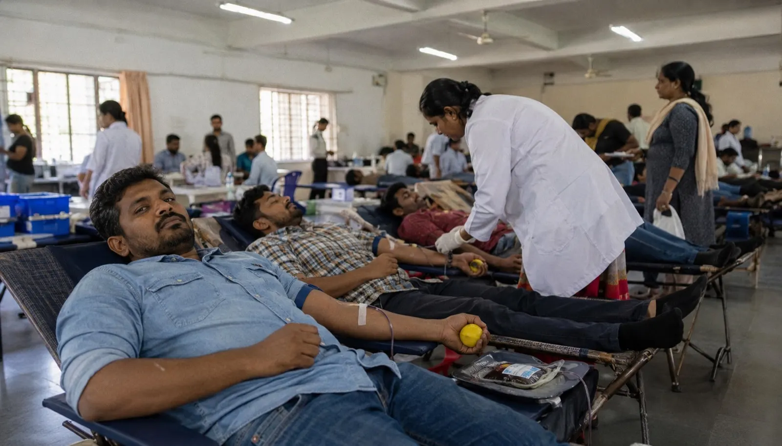 A blood donation camp in a hall, donors on cots and a doctor attending