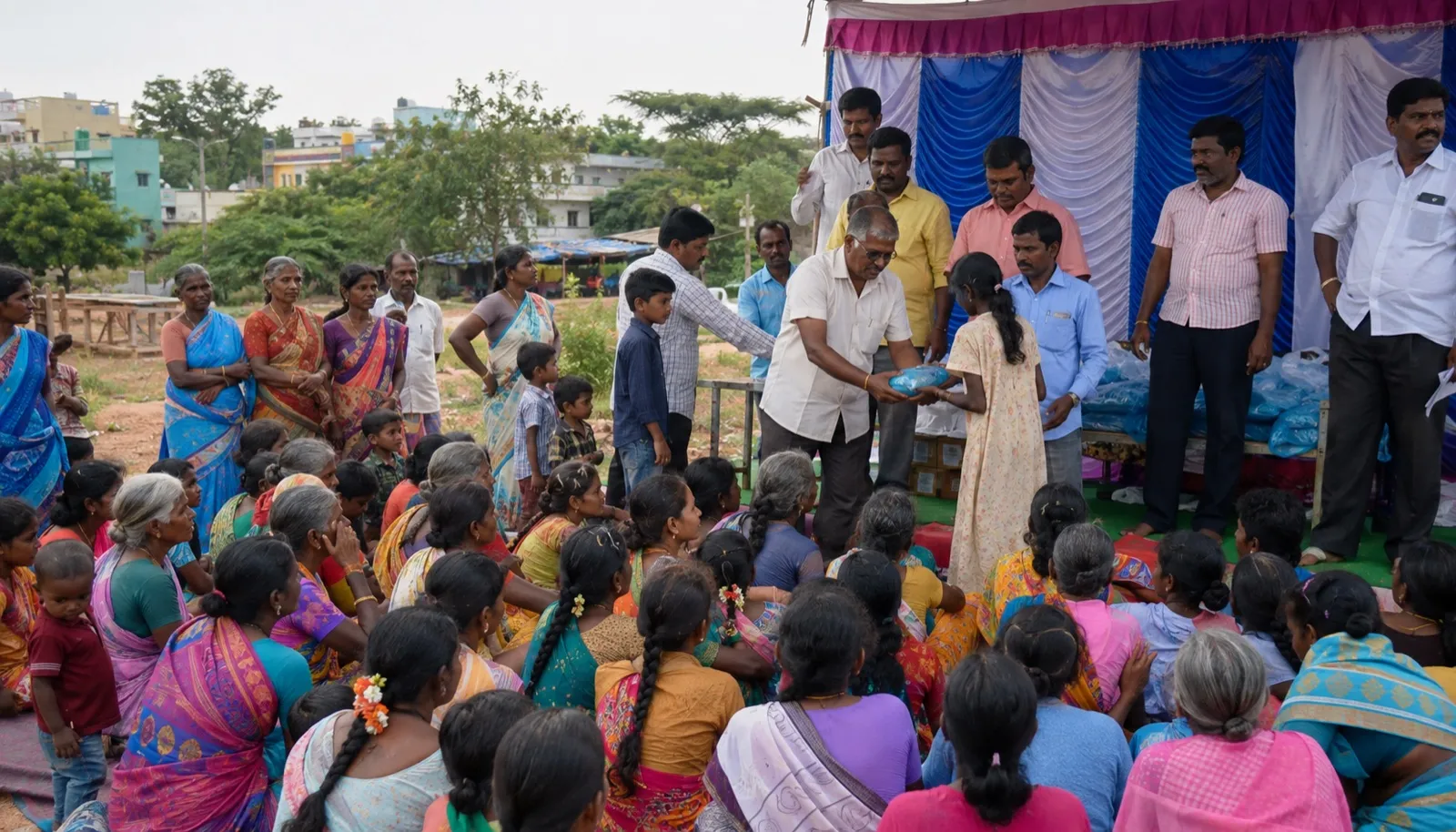 A community distribution on a decorated ground, organisers handing out parcels
