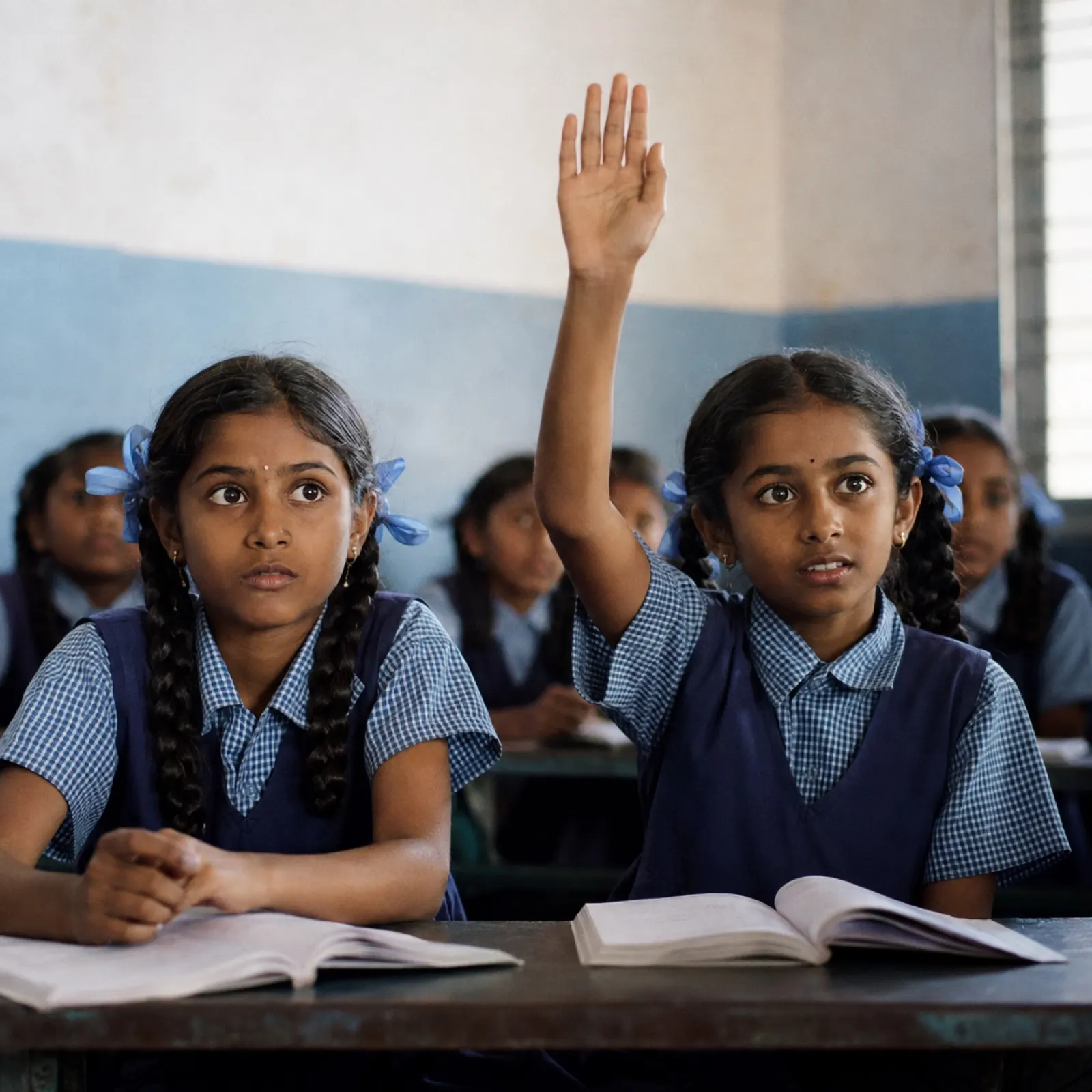 Schoolgirls in uniform in class, one raising her hand to answer