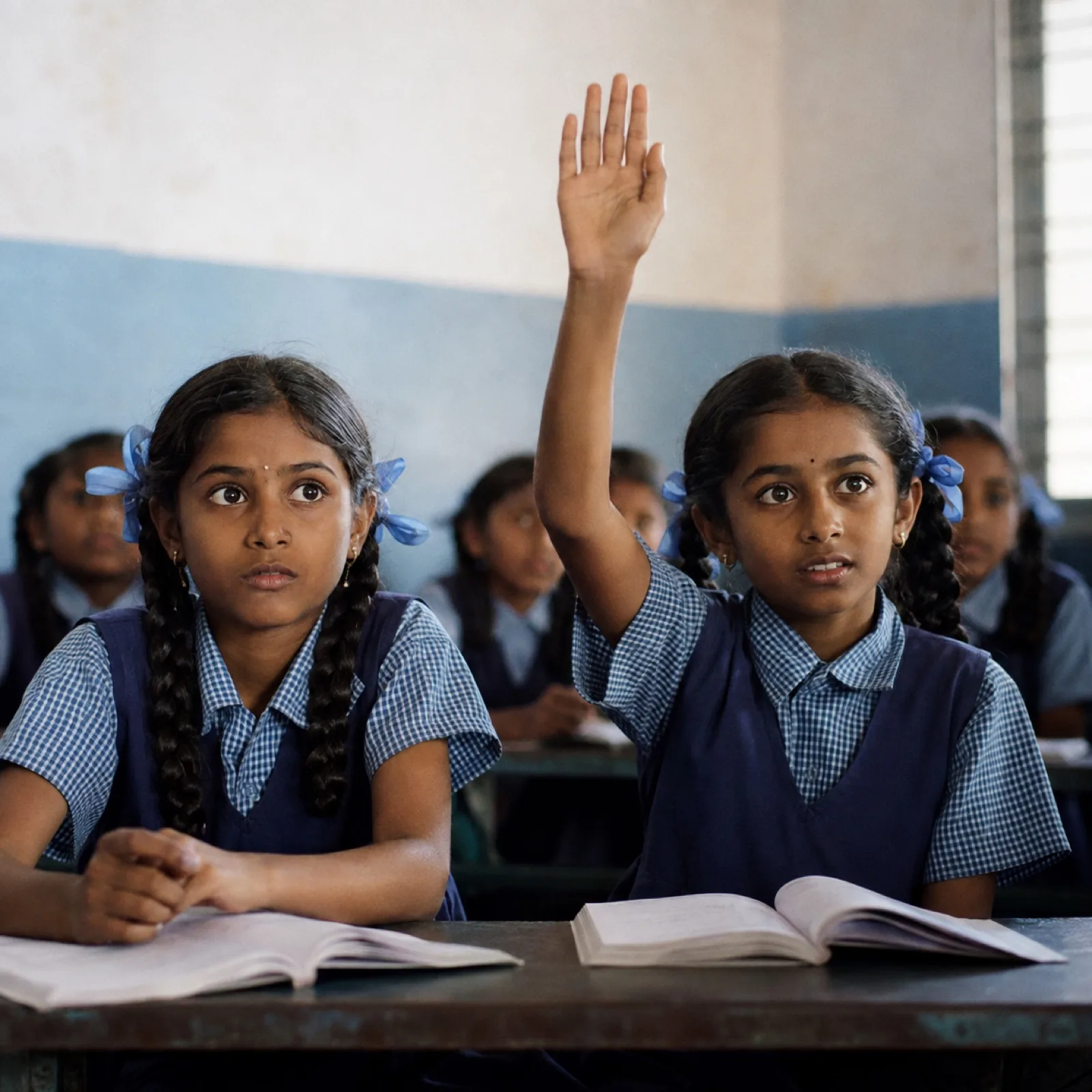 Schoolgirls in uniform in class, one raising her hand to answer