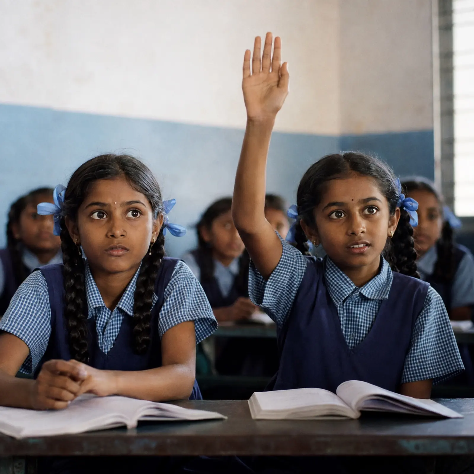 Schoolgirls in uniform in class, one raising her hand to answer