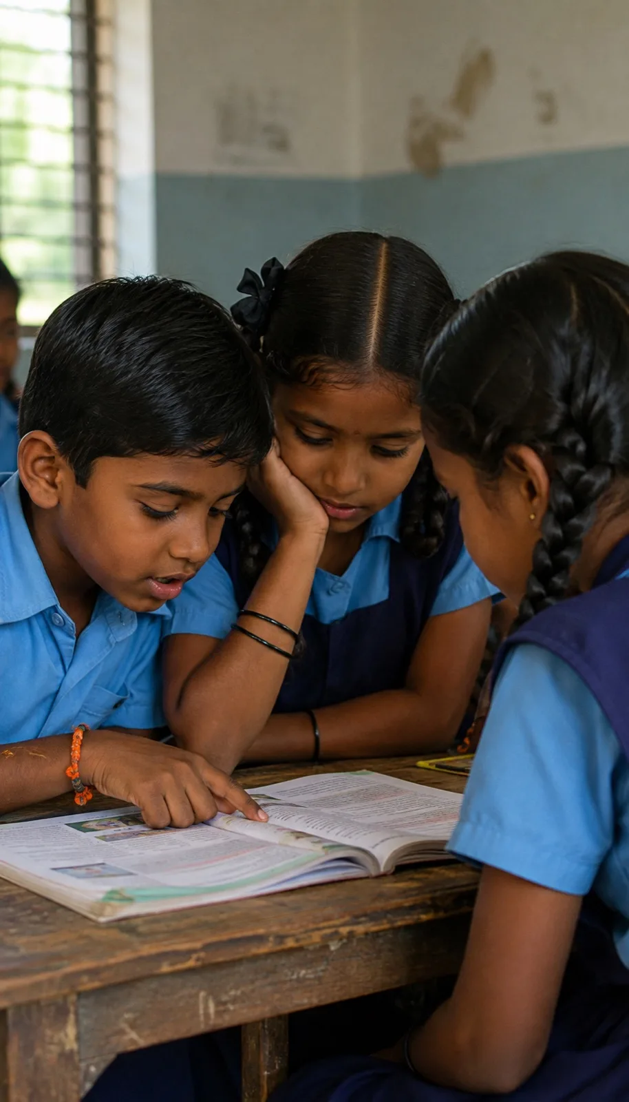 Three schoolchildren in uniform reading a textbook together at a desk