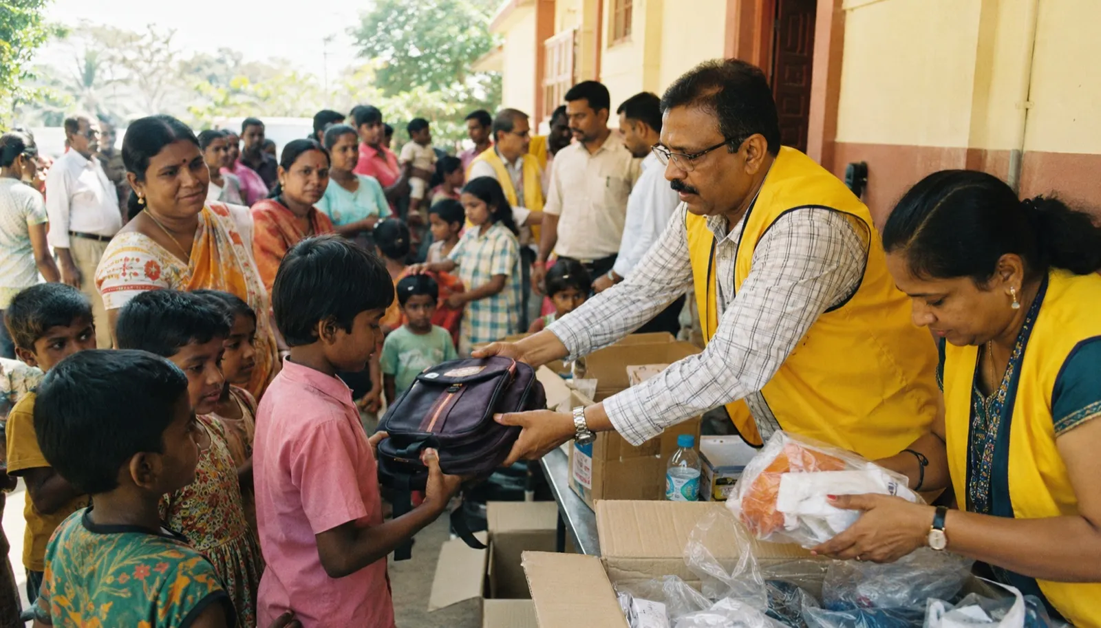 Lions members in yellow vests handing school bags to children at a distribution