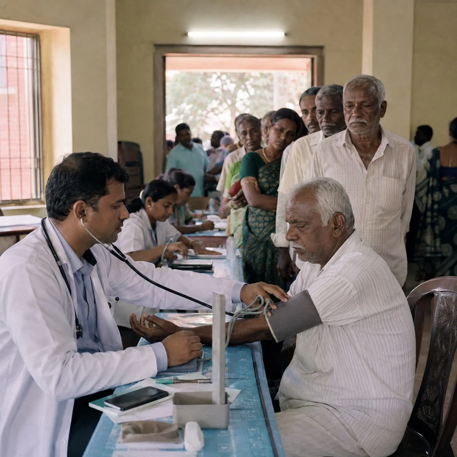 A doctor checking an elderly man’s blood pressure at a health camp, a queue behind