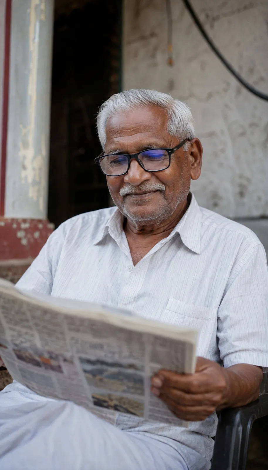 An older man in spectacles reading a newspaper in the evening light