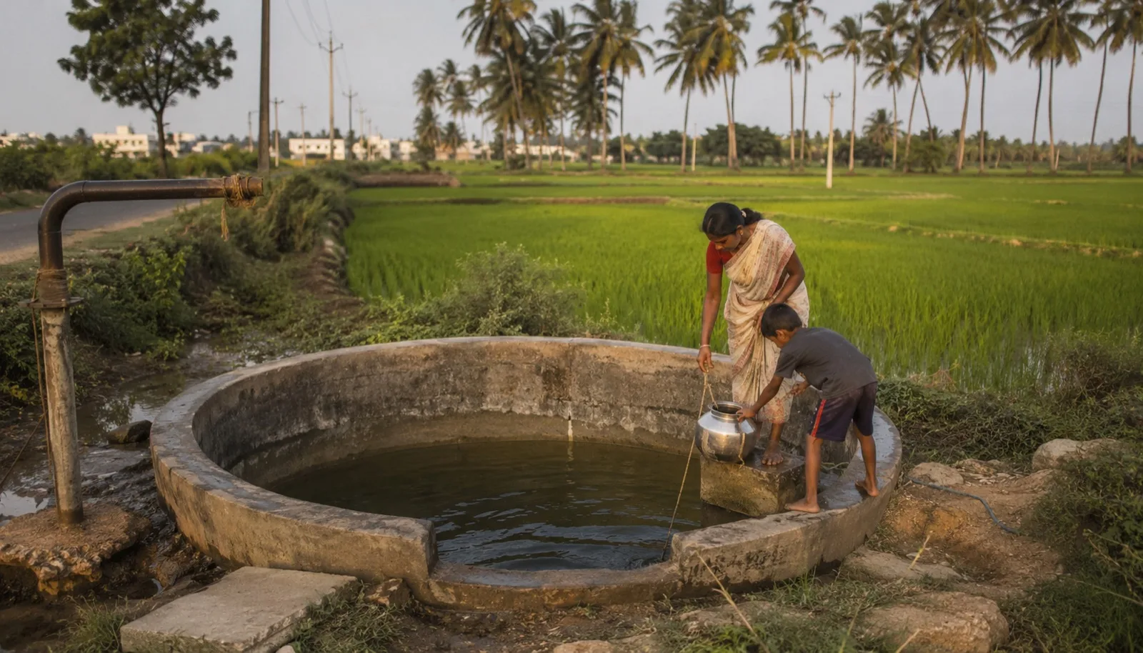 An open recharge well beside green paddy fields on the edge of Bengaluru